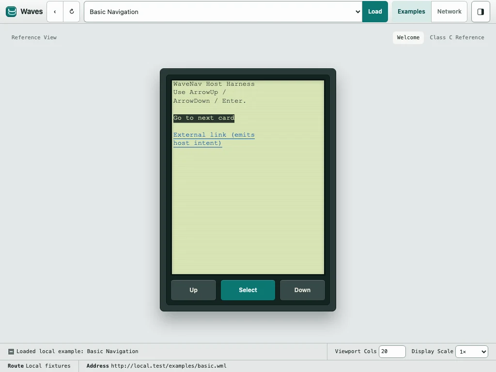 Current Waves development build showing a local WML deck in the handset stage