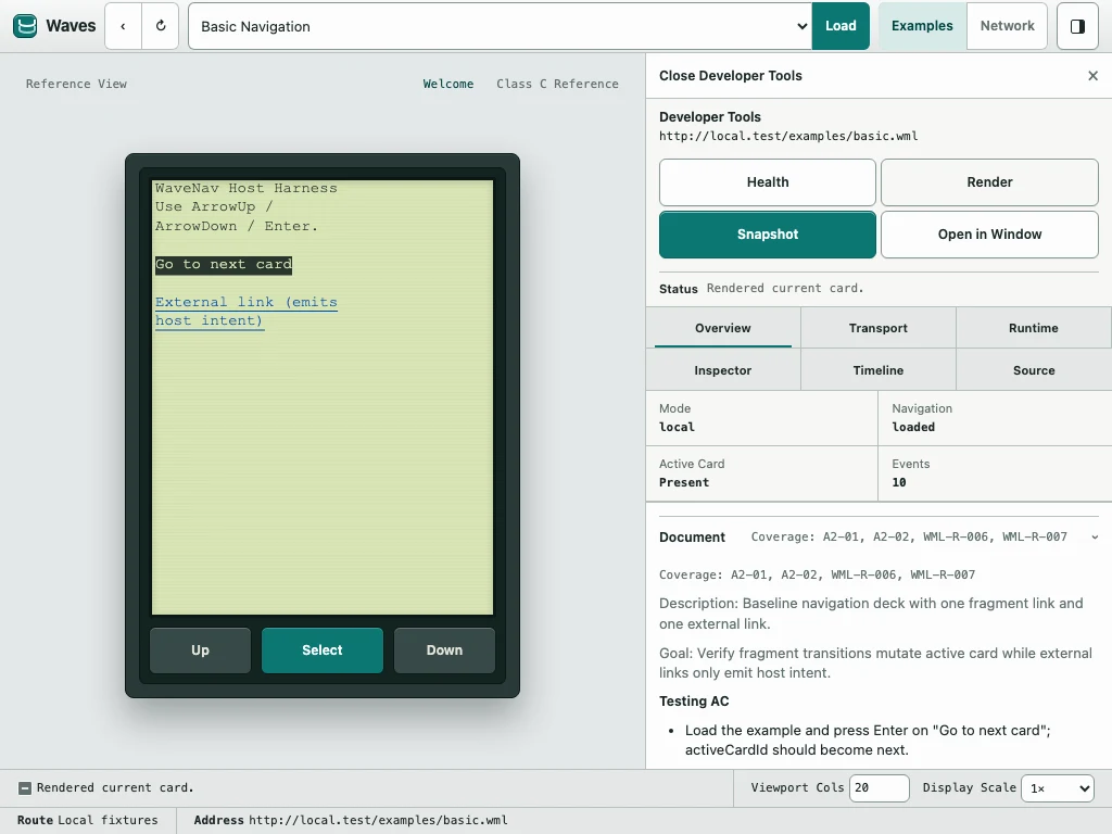 Current Waves development build with Developer Tools open beside the handset view