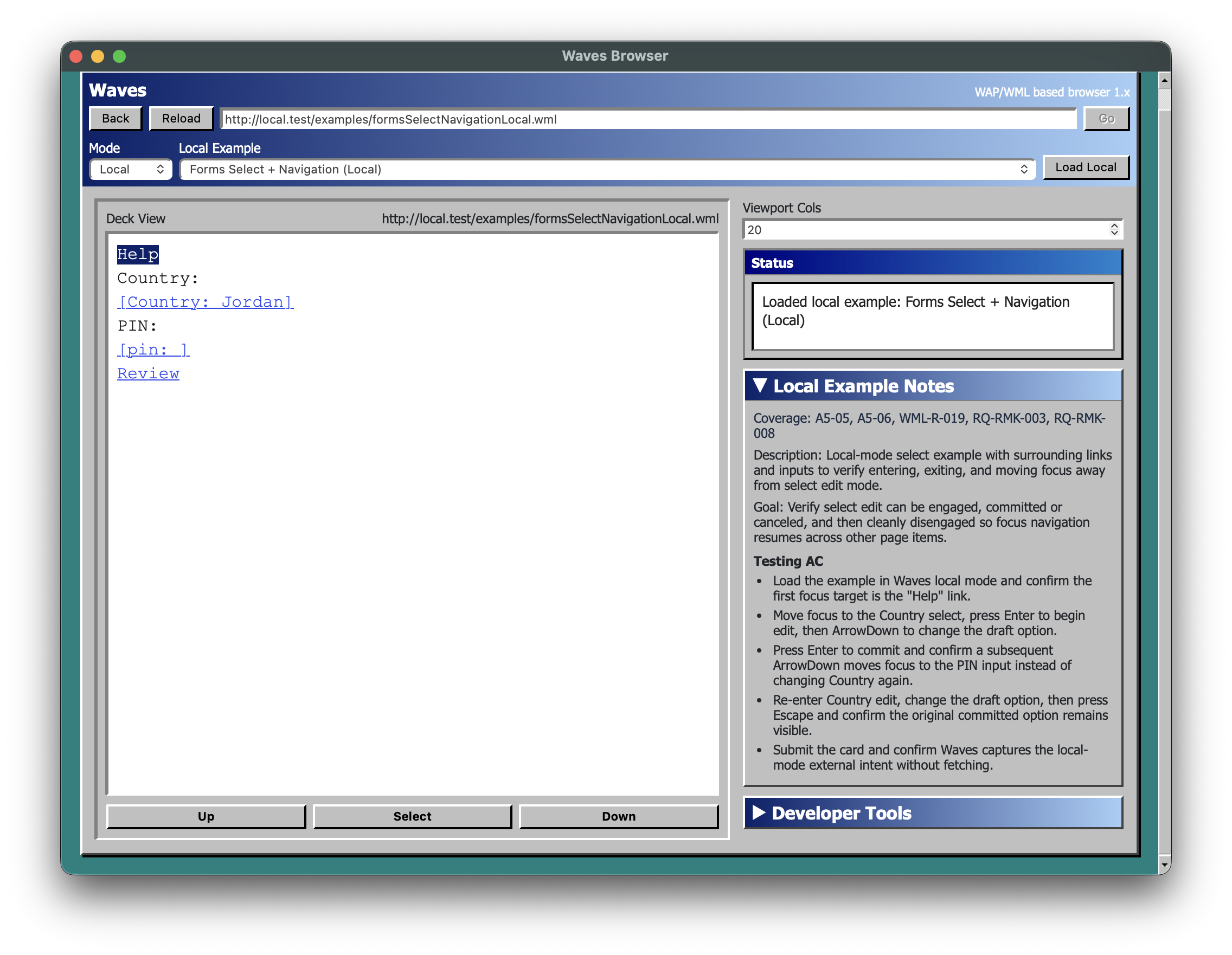 Waves rendering a WML form example with editable fields and event timeline