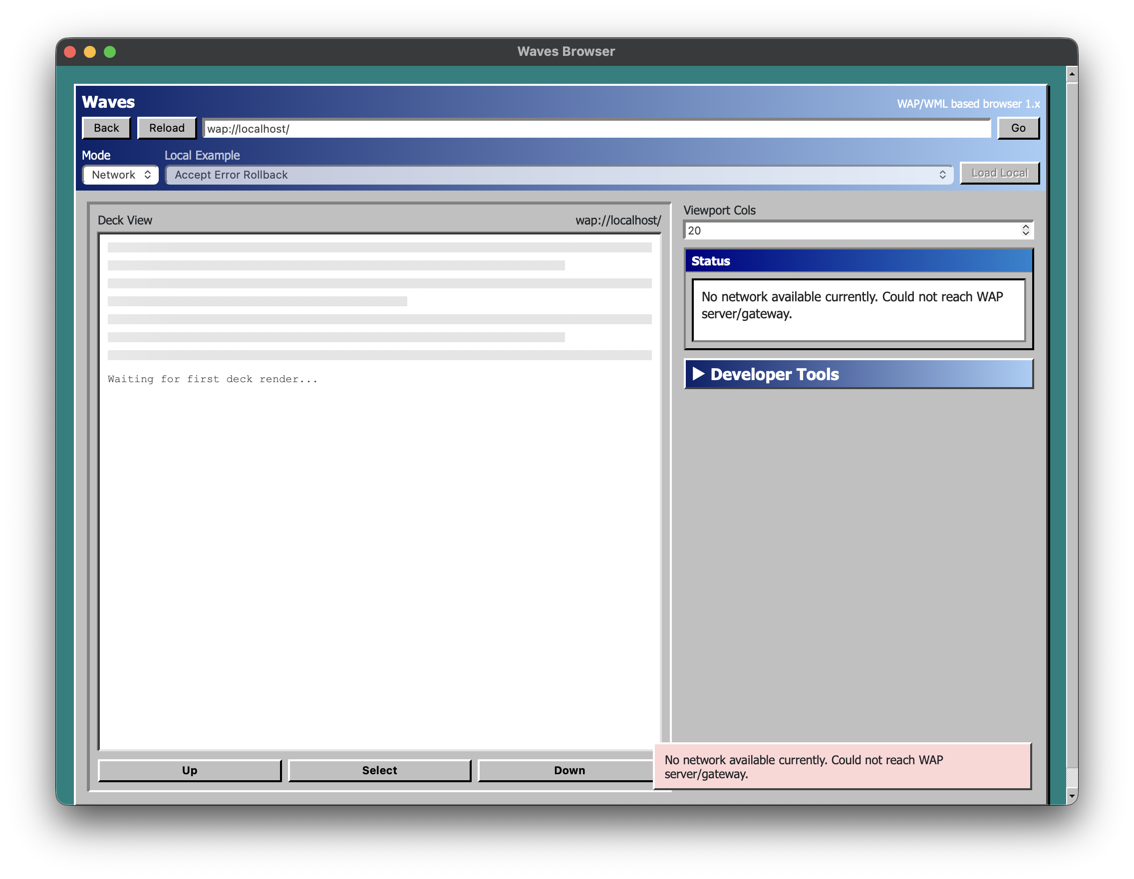 Waves showing a network error state in the desktop shell