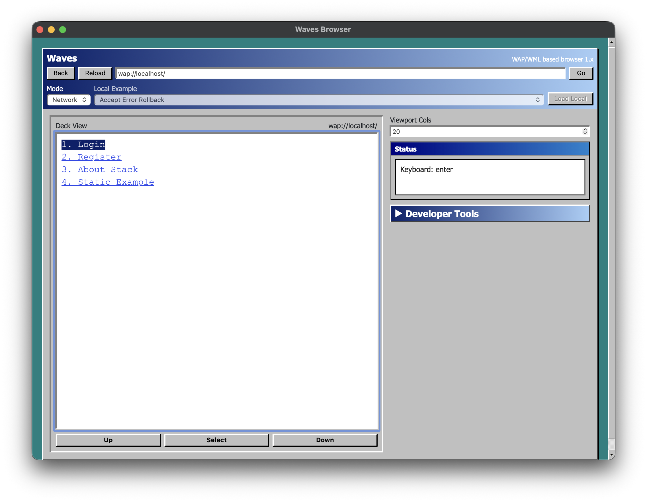 Waves showing a network-rendered WML page with selectable links